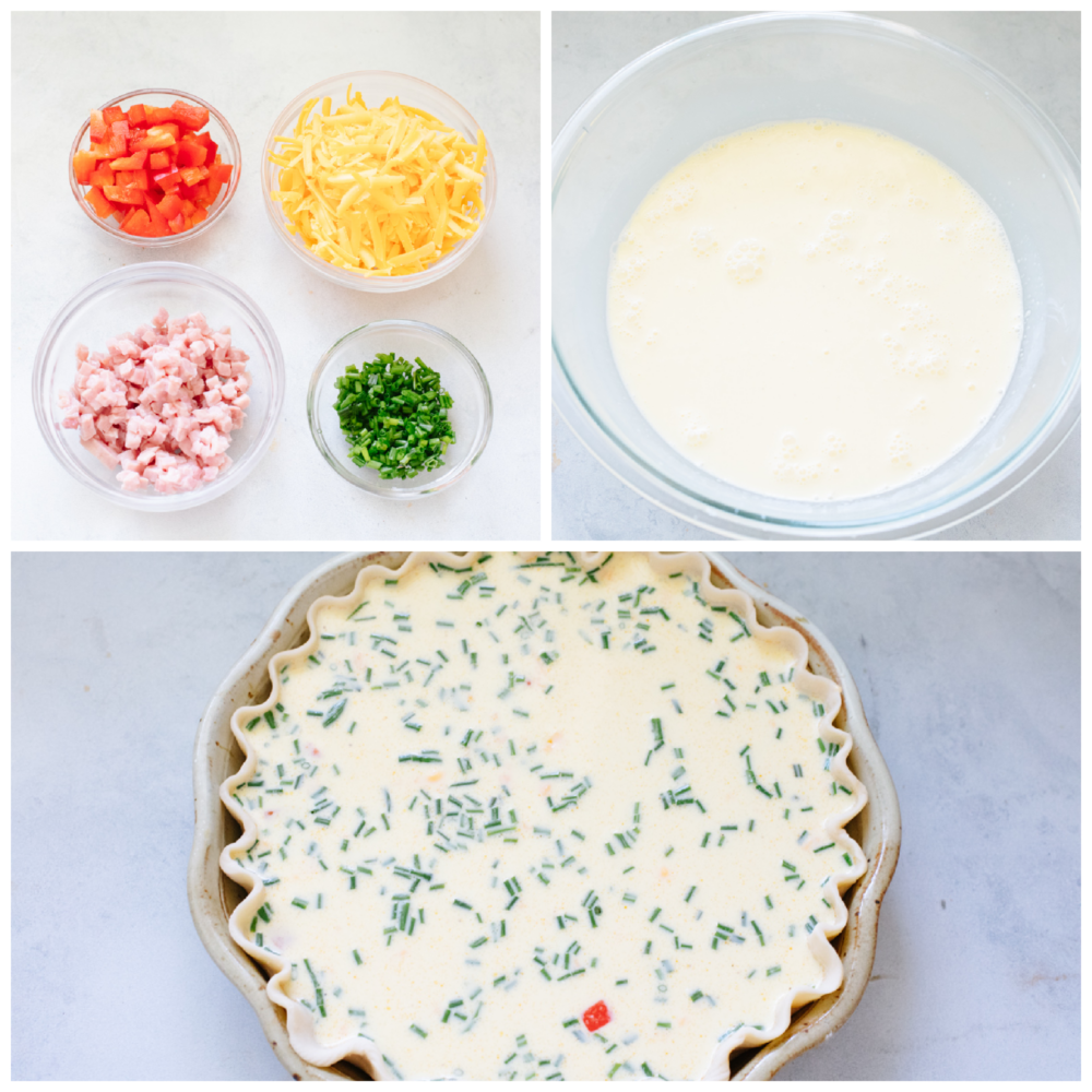 Creamy and custard-like, the best quiche starts with a basic recipe and has endless options for adding meat, vegetables, and herbs. This delicious staple recipe is perfect for breakfast, lunch, or dinner. Process shots of preparing quiche and add-ins.