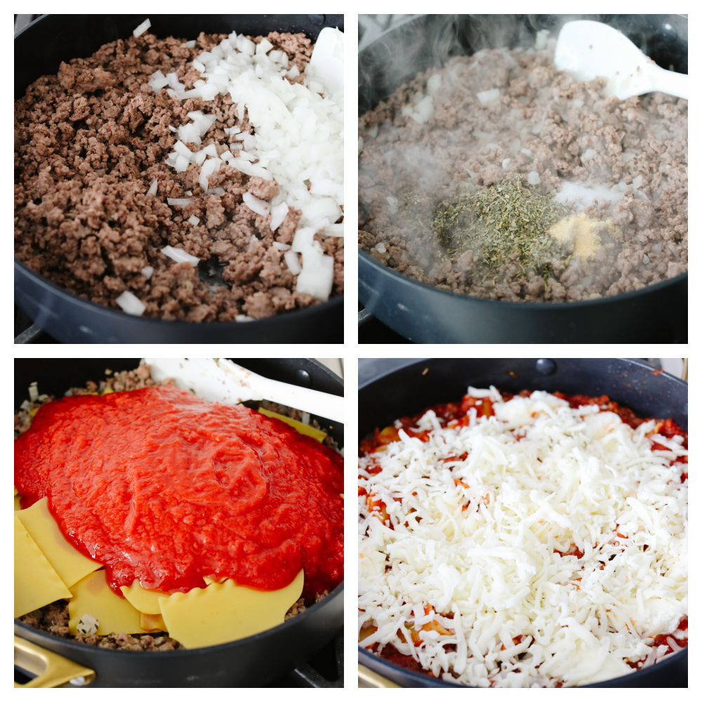 Skillet lasagna is the absolute best comfort food! It is so full of flavor that creates that authentic Italian taste. It is quick and easy and a family favorite that you MUST try! 4 pictures showing how to cook meat, onions, pasta and sauce in a skillet.