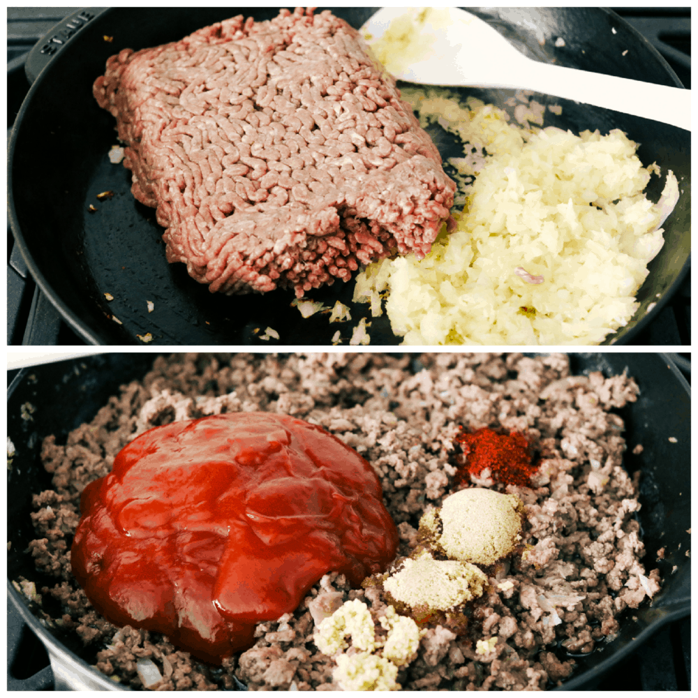 If you think a sloppy Joe grilled cheese sounds good, then just wait until you taste it! Tender, juicy and filled with flavor inside cheesy, crisped bread.. Well, it doesn't get much better than that! 2 pictures showing how to cooking the meat and add in spices.
