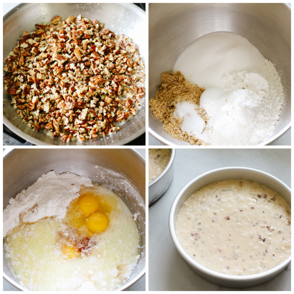 Soft, tender, and filled with nutty goodness, this butter pecan cake is perfect for fall! Browned butter cream cheese frosting and fresh chopped pecans make each bite a dream. Process shots of preparing cake batter.