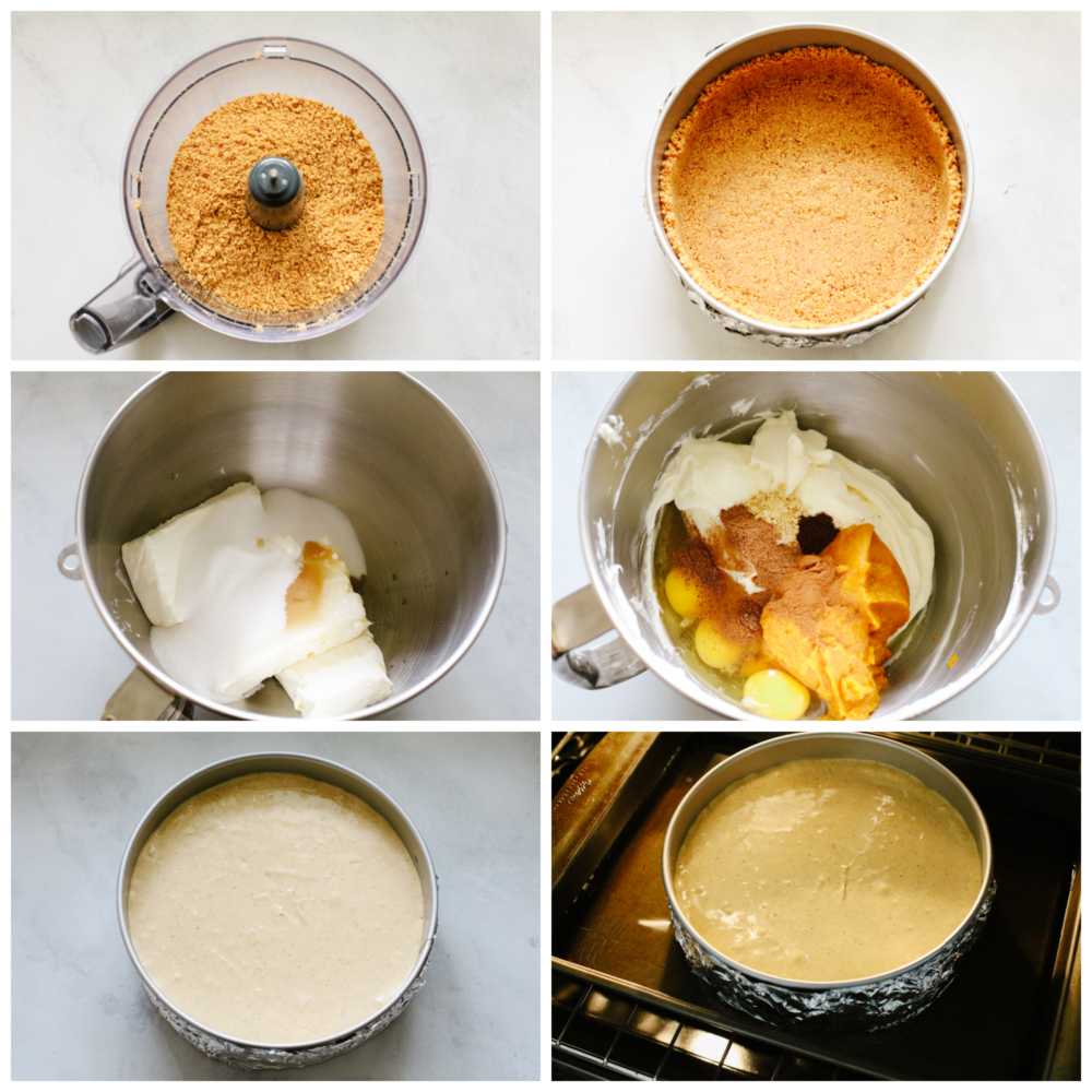 This pumpkin cheesecake that is drizzled with caramel sauce is the ultimate fall dessert. It's rich, creamy, and spiced to perfection! 4 pictures showing how to make a cheesecake crust and how to start mixing pumpkin cheesecake filling.