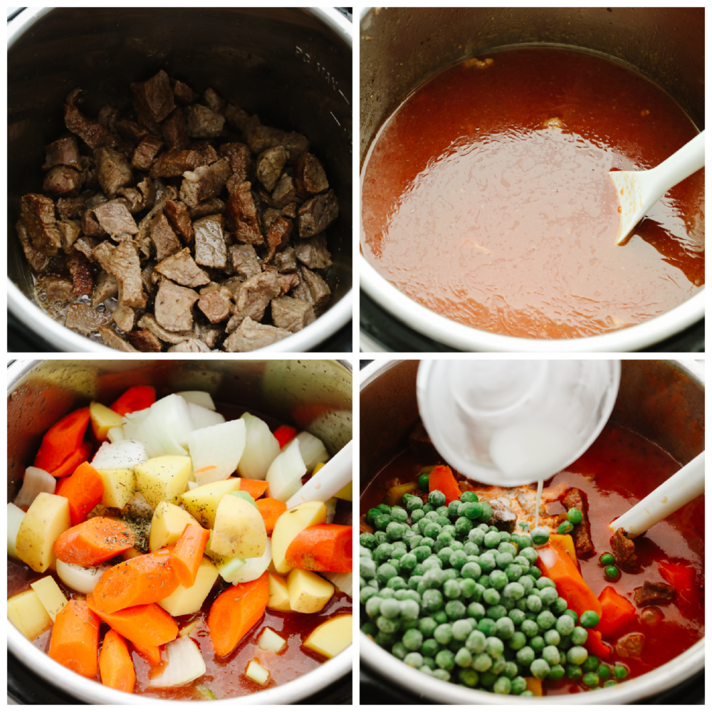 Instant Pot Beef Stew is perfect for those cool fall nights, and great when you want to whip up cozy beef stew in under an hour! Sauté the beef in the bottom of the instant pot, throw in your veggies and broth, turn it on and call it a day! 4 pictures showing step by step instructions on how to mix the ingredients for beef stew.