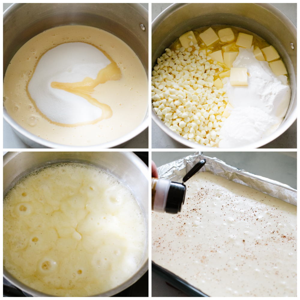 This eggnog fudge is every eggnog lover's dream! Each bite is filled with melt-in-your-mouth white chocolate and dusted with nutmeg! Process shots of preparing fudge.