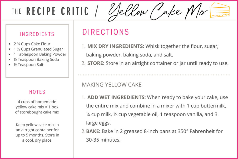 Yellow cake mix is a staple recipe that can be used in countless desserts! It's super easy to throw together and only requires a handful of ingredients. Yellow cake mix printable graphic.