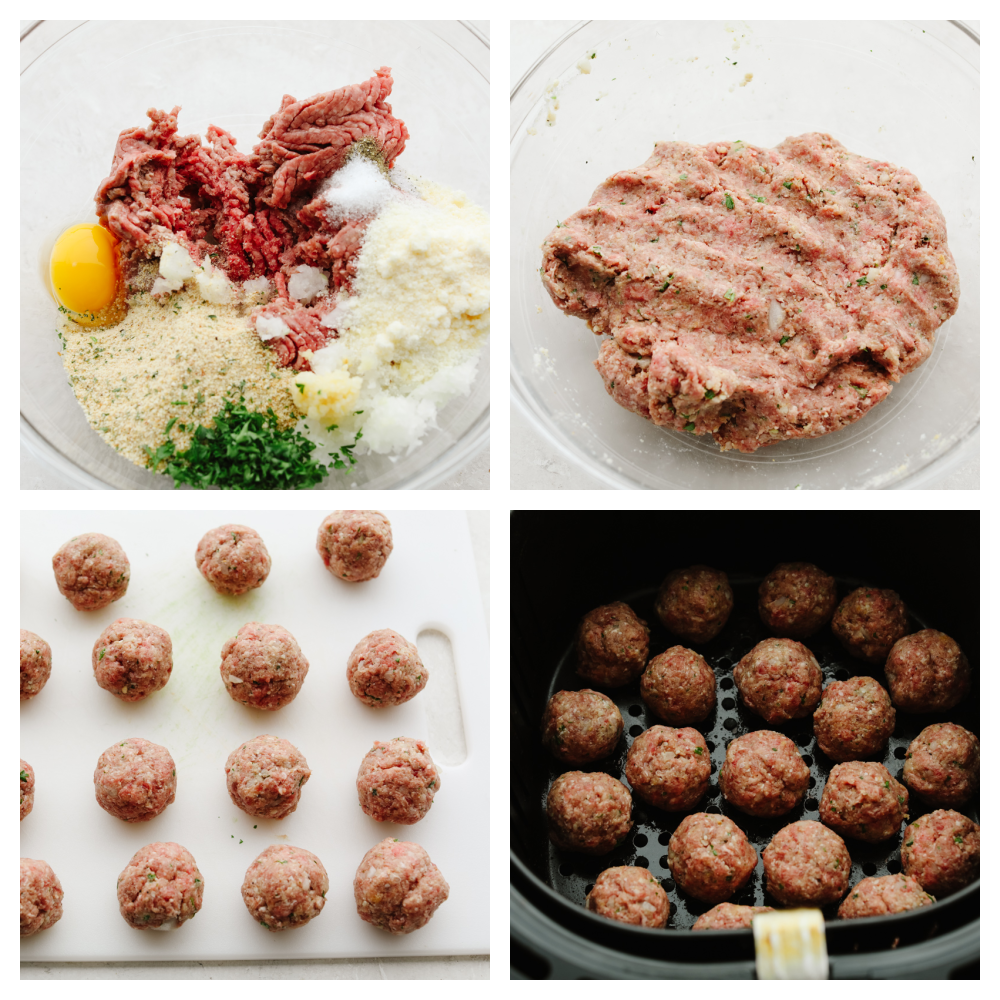 Air fryer meatballs are tender, juicy, and delicious! They are SOO good and this will be a recipe that your family will want you to make again and again! 4 pictures showing steps on how to make meatballs.