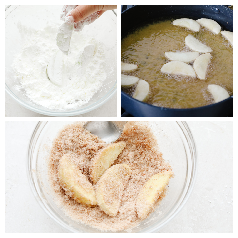 Lightly battered and tender, apple fries are going to become your new favorite treat! A generous coating of cinnamon sugar and homemade caramel dip make them even more irresistible! Process shots of frying apples and coating in cinnamon sugar.