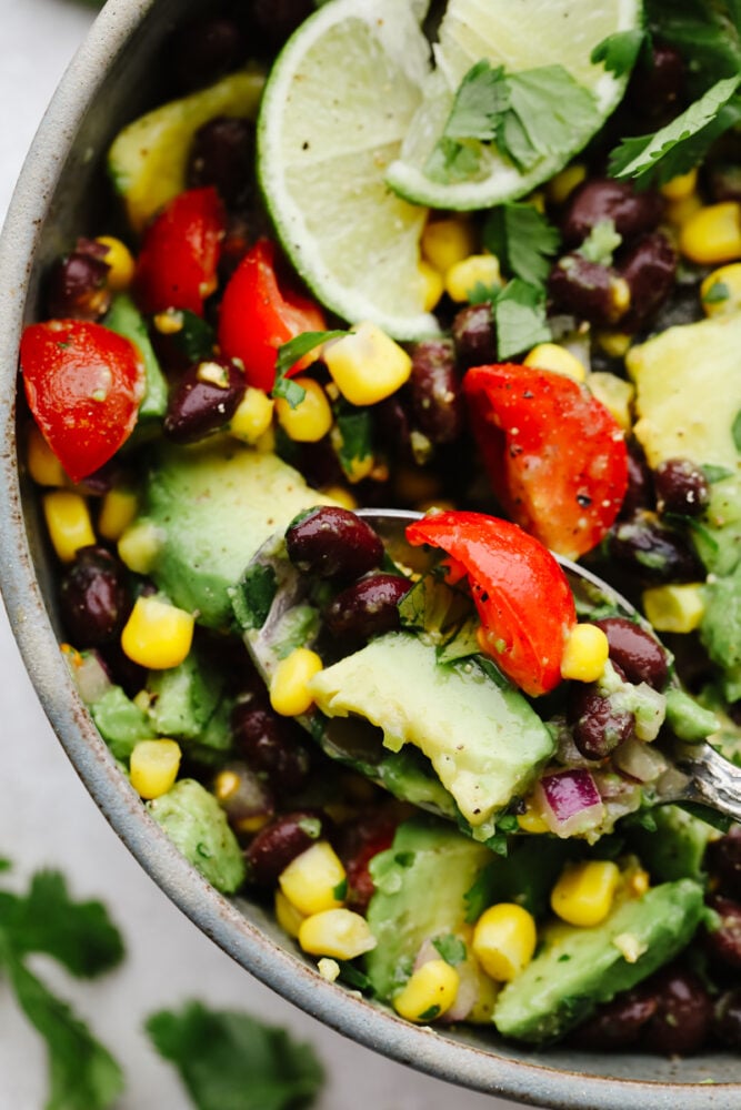 Black bean and corn salad is loaded with tons of flavor and amazing and fresh ingredients! It is the perfect choice for lunch, a side dish, or even an appetizer! Black bean and corn salad on a spoon.