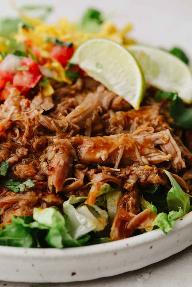 Perfectly sweet and tender, pulled pork is the absolute best when it comes to meat for your meal! This tried and true recipe is definitely one for the books! A close up of shredded pork on a salad with toppings.