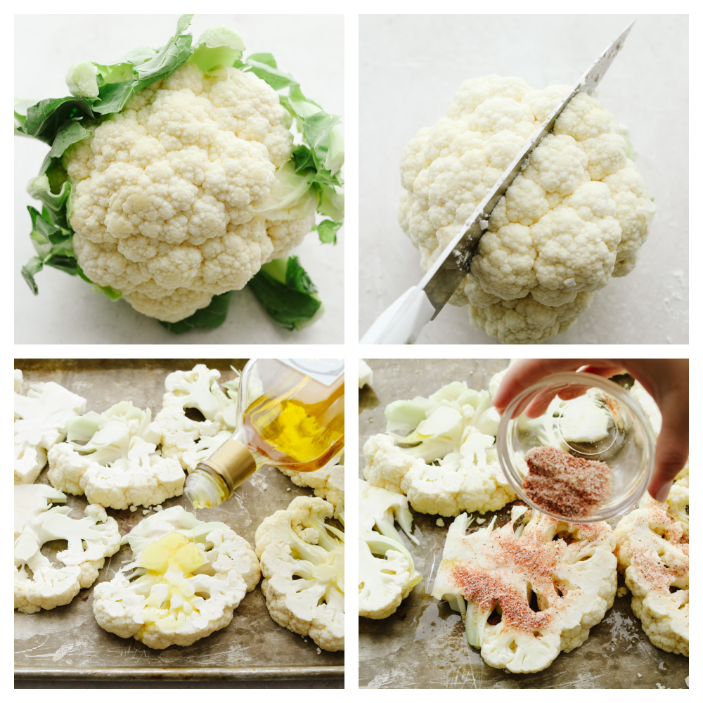 Making roasted cauliflower steaks is the best way to show all this veggie has to offer! They're amazingly tender and tossed in a mouthwatering blend of garlic, paprika, and parmesan. Process shots of preparing cauliflower with olive oil and seasonings.