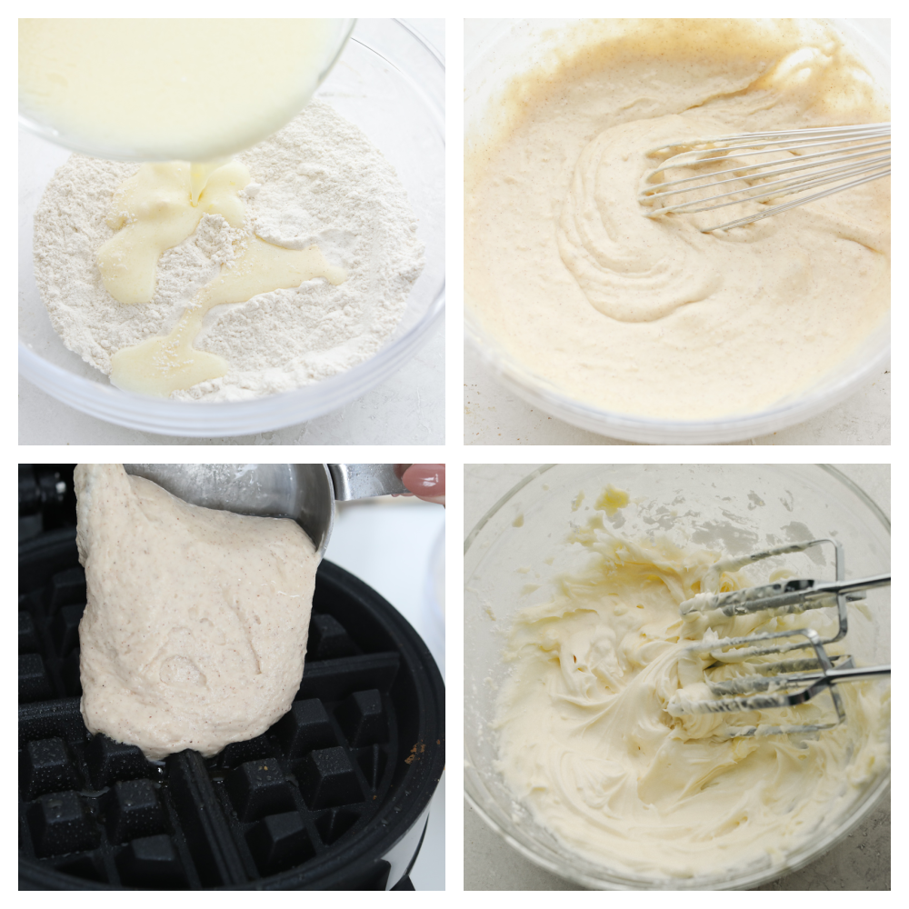 You just can't beat a delicious cinnamon waffle that is drizzled with a cream cheese glaze! It tastes just like a cinnamon roll in waffle form! 4 pictures showing the steps of how to make waffle batter and a cream cheese glaze.