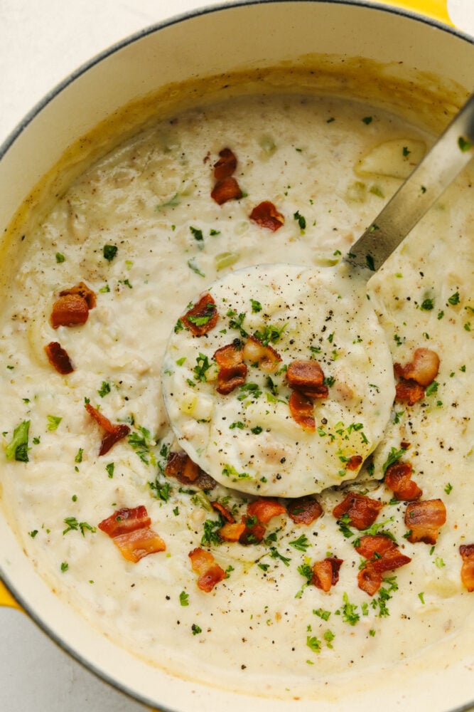 Creamy Clam Chowder with potatoes and vegetables is one of my favorite easy soup recipes! It's thick and creamy and tastes as if it came straight from a restaurant! It's SOO GOOD! A ladle being dipped into chowder.