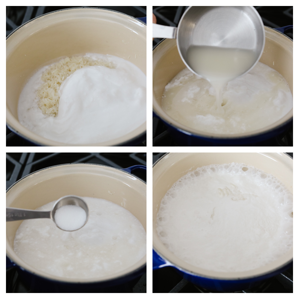 This coconut rice is now going to be one of your go-to side dishes! Fluffed to perfection this rice is SOO GOOD and is super easy to make! 4 pictures showing the steps on how to cook rice.
