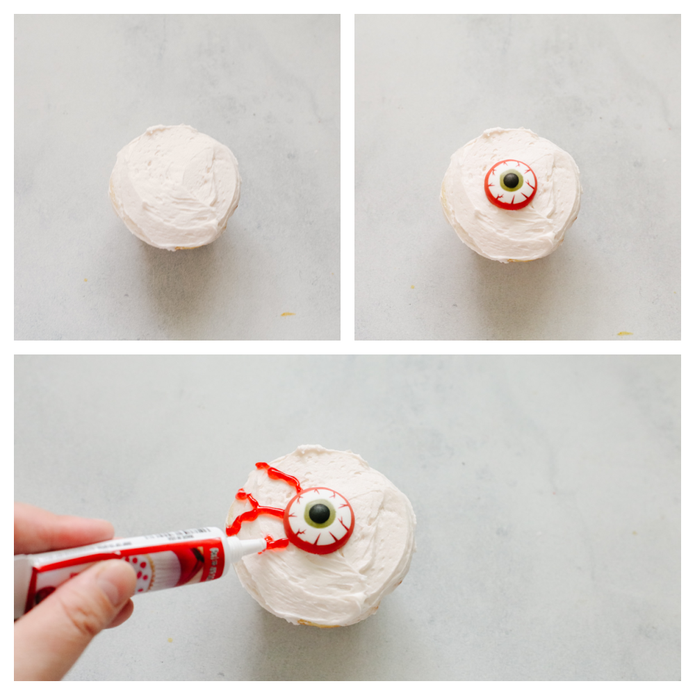 Halloween cupcakes are as tasty as they are cute! Moist vanilla cupcakes are frosted with timeless Halloween characters for an unforgettable treat! Process shots of making an eyeball cupcake.
