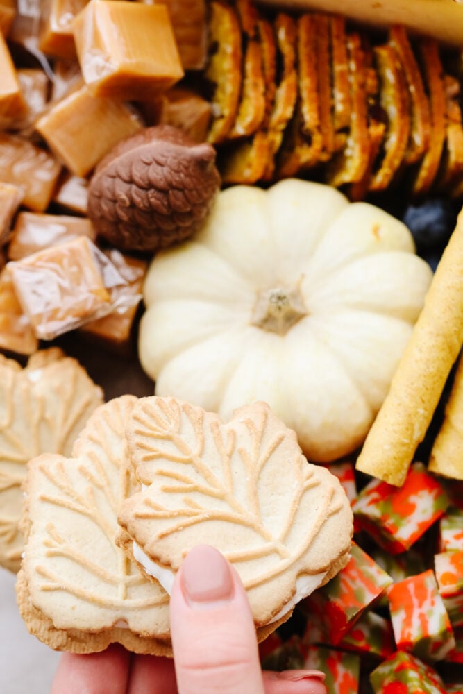 This fall charcuterie board is easy to make and is perfect for all of the parties this season! Packed with colorful and delicious food it is sure to be a hit with all of your guests! Fall shaped crackers and cubed cheese on a charcuterie board.