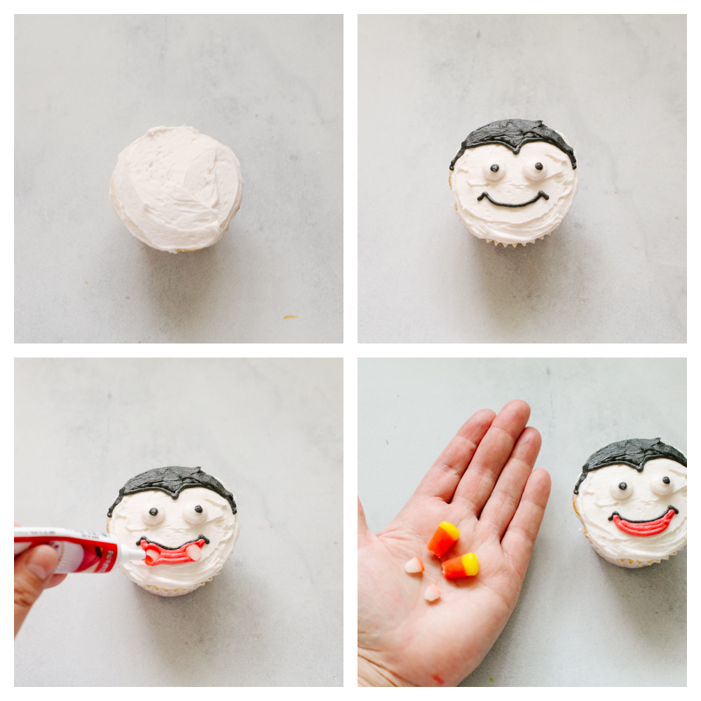 Halloween cupcakes are as tasty as they are cute! Moist vanilla cupcakes are frosted with timeless Halloween characters for an unforgettable treat! Process shots of making a Dracula cupcake design.