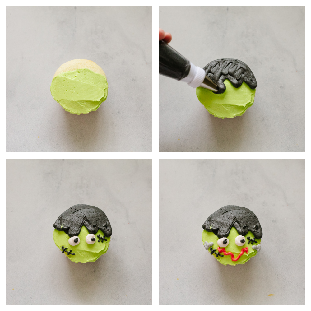 Halloween cupcakes are as tasty as they are cute! Moist vanilla cupcakes are frosted with timeless Halloween characters for an unforgettable treat! Step-by-step photos of making a Frankenstein cupcake.