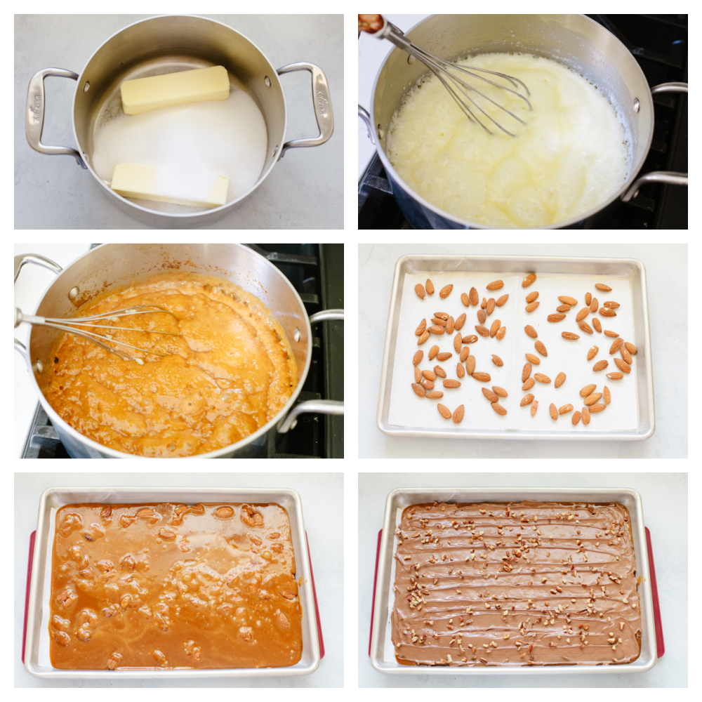 Homemade toffee is super simple with no candy thermometer required! This buttery chocolate treat is a must-make recipe this holiday season! Process shots of preparing mixture and adding to pan.