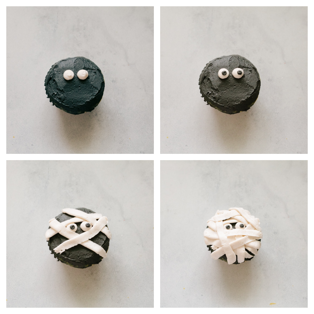 Halloween cupcakes are as tasty as they are cute! Moist vanilla cupcakes are frosted with timeless Halloween characters for an unforgettable treat! Photos of making a mummy cupcake.