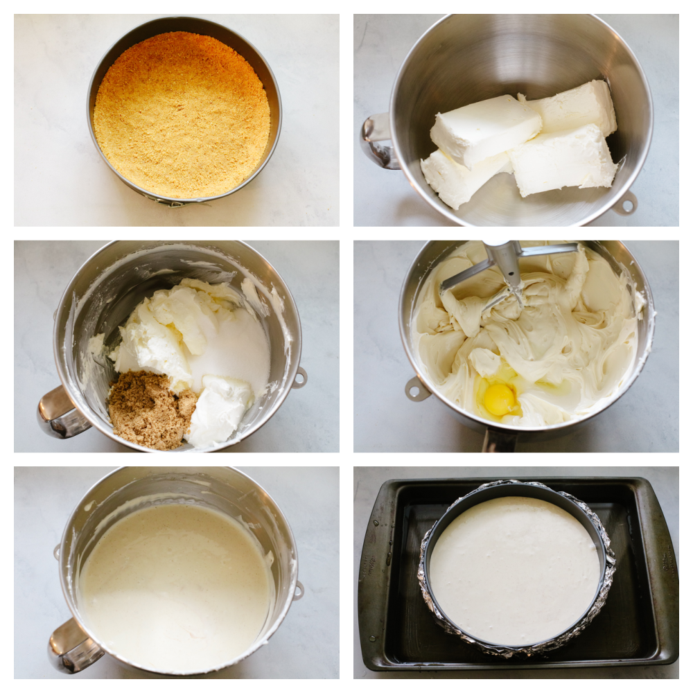 This dessert is everything you love about pecan pie, drizzled on the most decadent, creamy cheesecake! Each bite of pumpkin pie cheesecake will wow you! Process shots of preparing cheesecake base.