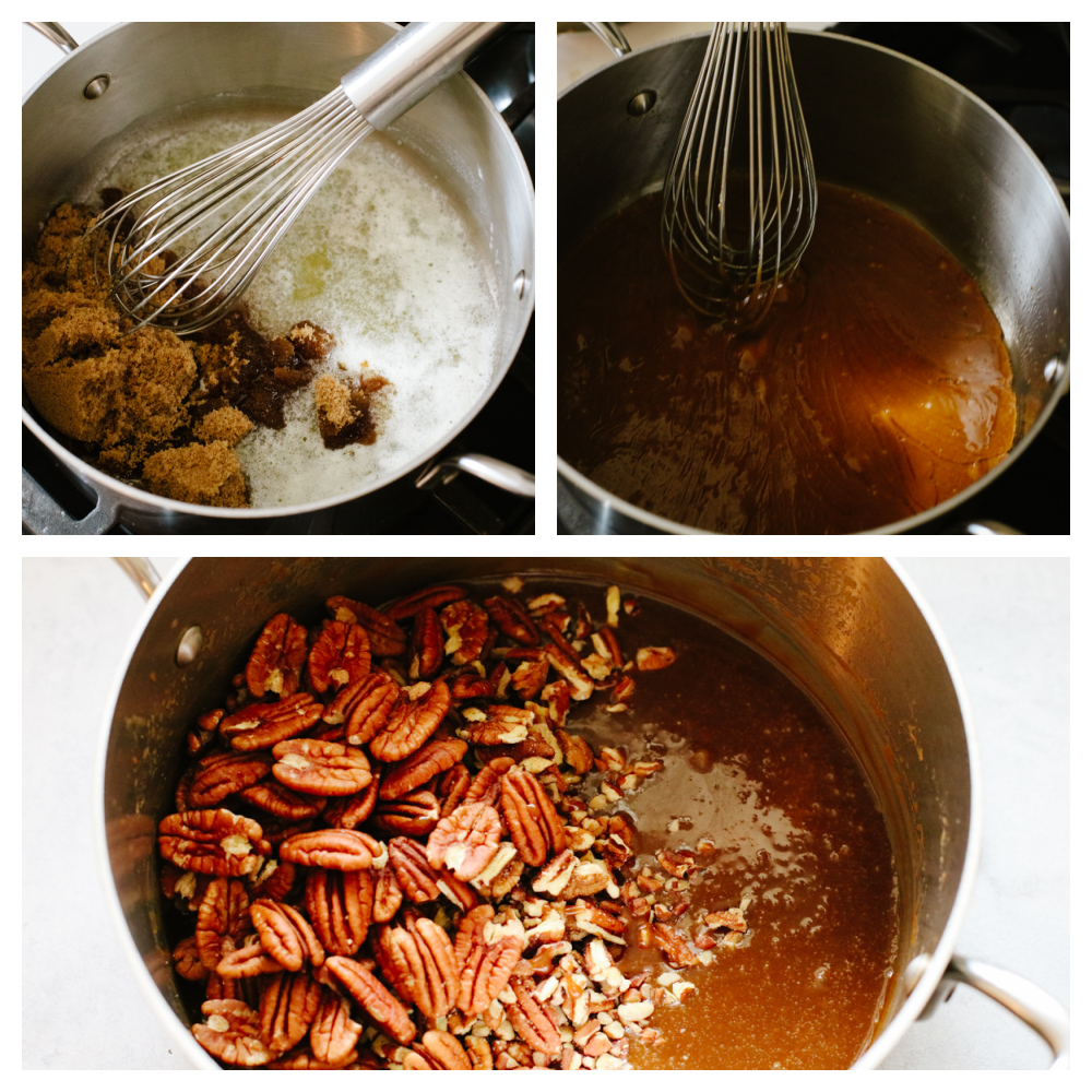 This dessert is everything you love about pecan pie, drizzled on the most decadent, creamy cheesecake! Each bite of pumpkin pie cheesecake will wow you! Melting and mixing pecan topping ingredients together.