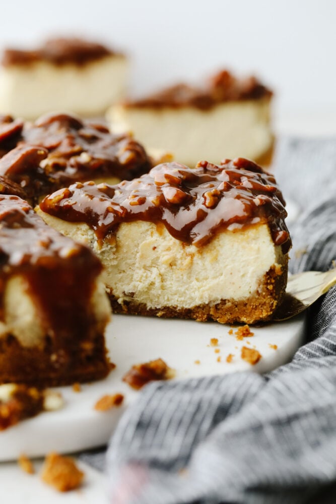 This dessert is everything you love about pecan pie, drizzled on the most decadent, creamy cheesecake! Each bite of pumpkin pie cheesecake will wow you! Taking a slice of cheesecake.