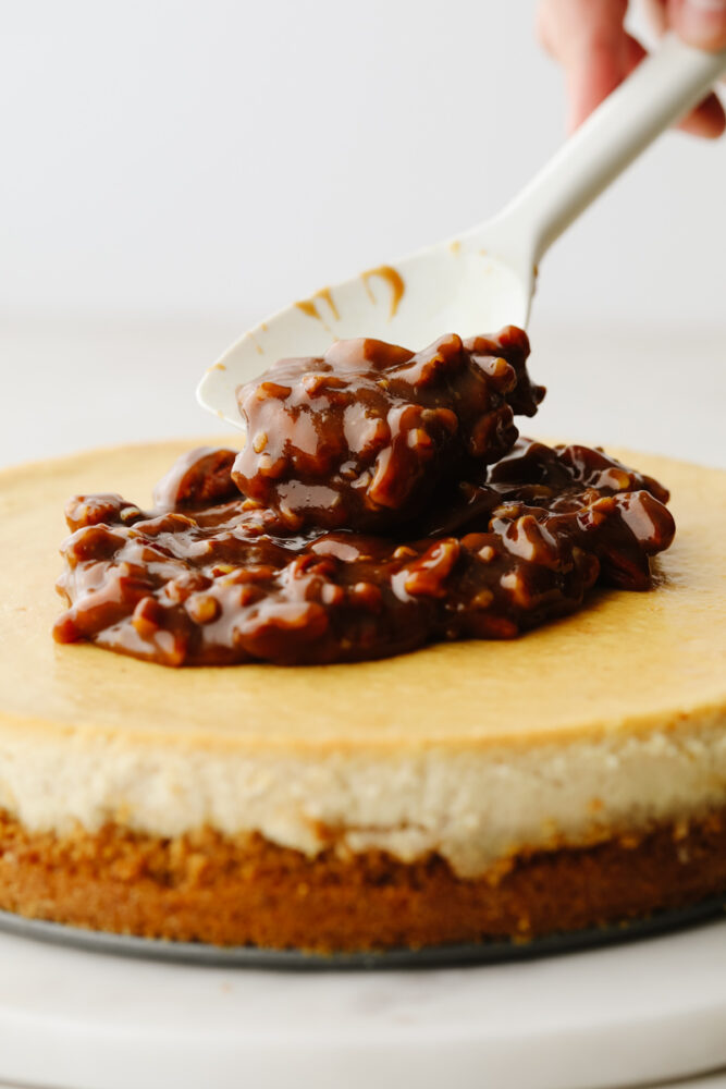 This dessert is everything you love about pecan pie, drizzled on the most decadent, creamy cheesecake! Each bite of pumpkin pie cheesecake will wow you! Putting pecan topping on cheesecake.