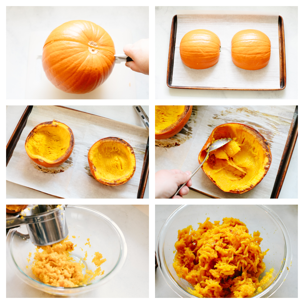 Pumpkin puree that is homemade cannot be beat! With its fresh taste and amazing texture, once you have tried this you will never go back! It is perfect for all of your fall recipes! 6 pictures showing steps on how to roast a pumpkin and scoop out the inside.