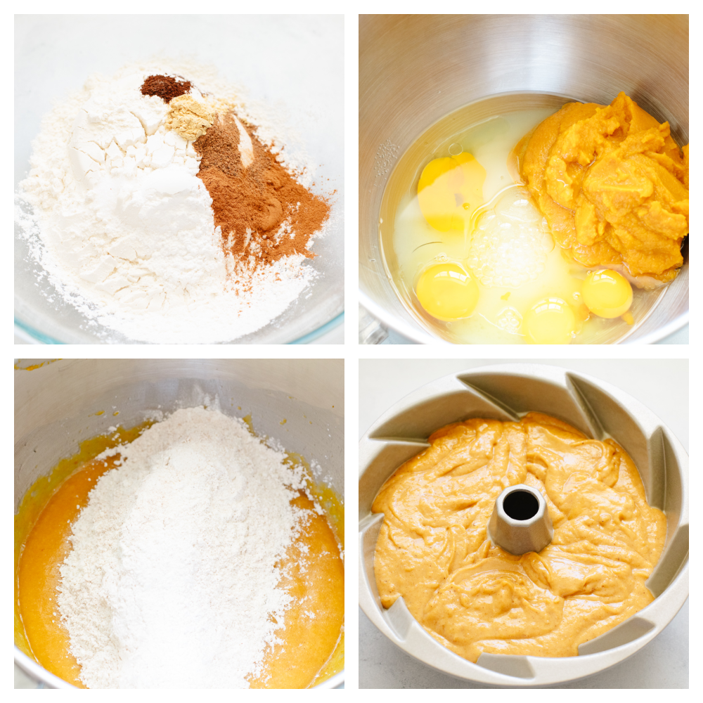 This pumpkin bundt cake with homemade cream cheese frosting is what dreams are made of! It's incredibly moist and loaded with all the pumpkin spice flavor. Steps showing how to make pumpkin bundt cake.