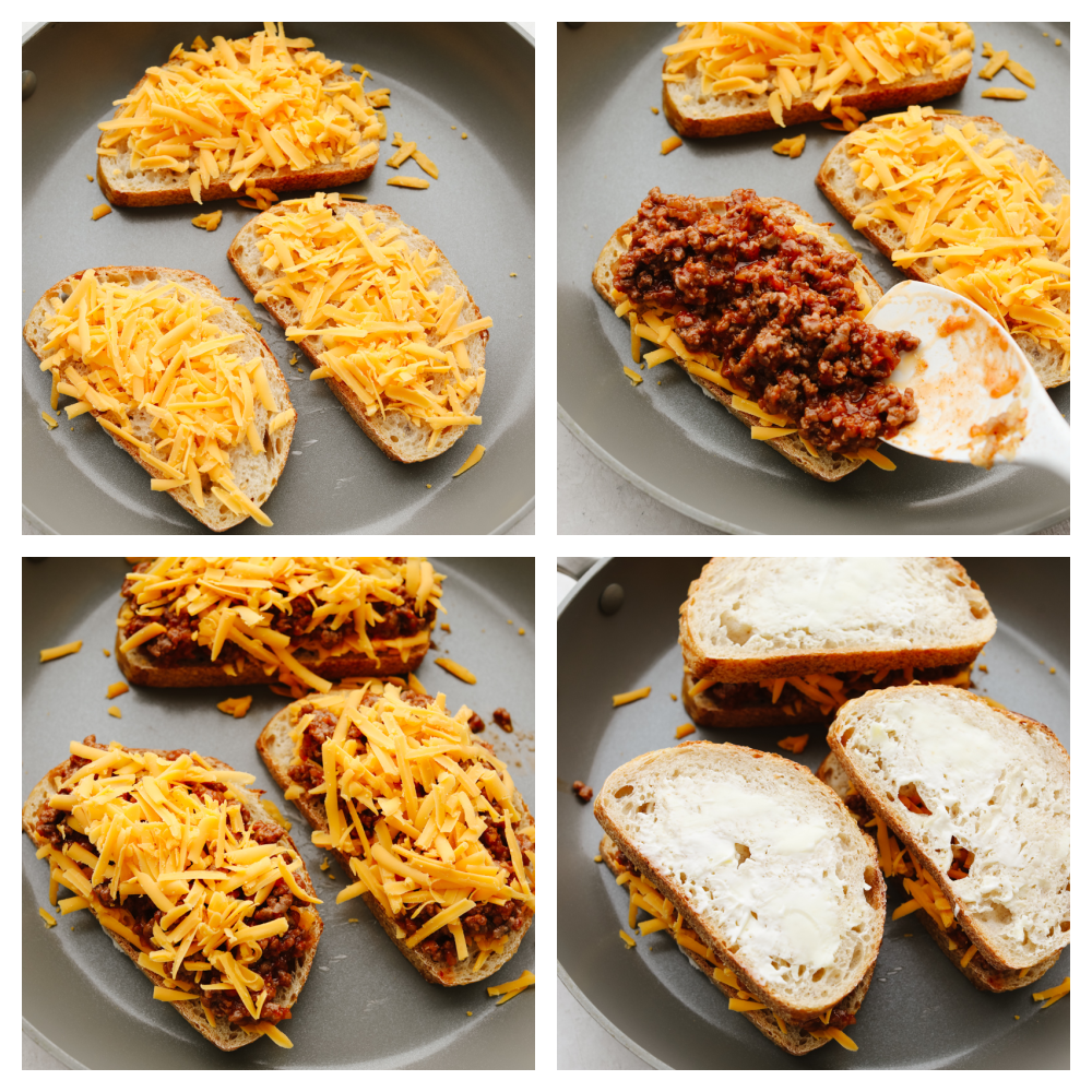 If you think a sloppy Joe grilled cheese sounds good, then just wait until you taste it! Tender, juicy and filled with flavor inside cheesy, crisped bread.. Well, it doesn't get much better than that! 4 pictures showing how to cook a sloppy joe grilled cheese sandwich on a stovetop.