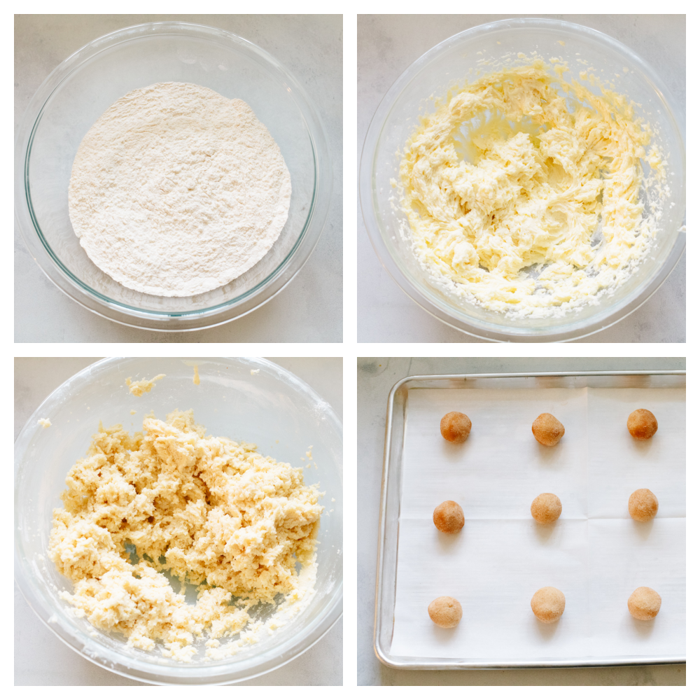 These snickerdoodle are delightfully soft and full of delicious cinnamon flavor! They are SOO GOOD and you won't be able to stop at just one! 4 pictures showing steps for how to make the dough and roll it in cinnamon sugar.
