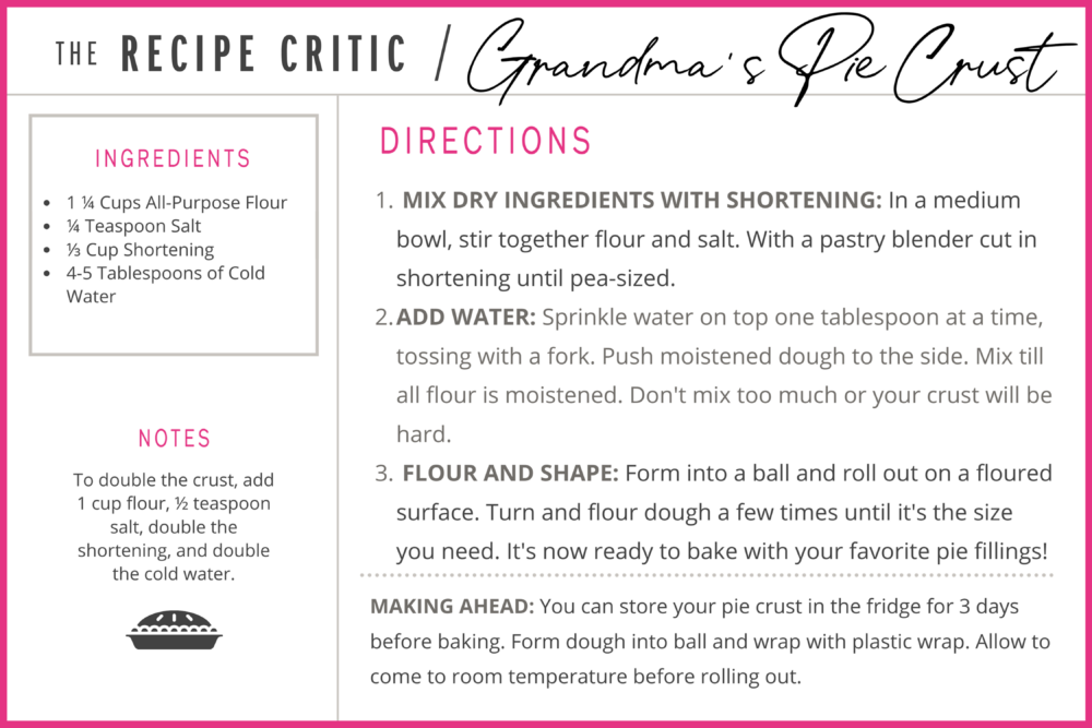 Tender, buttery, and easy-to-make, my Grandma's perfect pie crust is everything you need this Thanksgiving. It's so foolproof, you won't want storebought again! Homemade pie crust recipe printable.