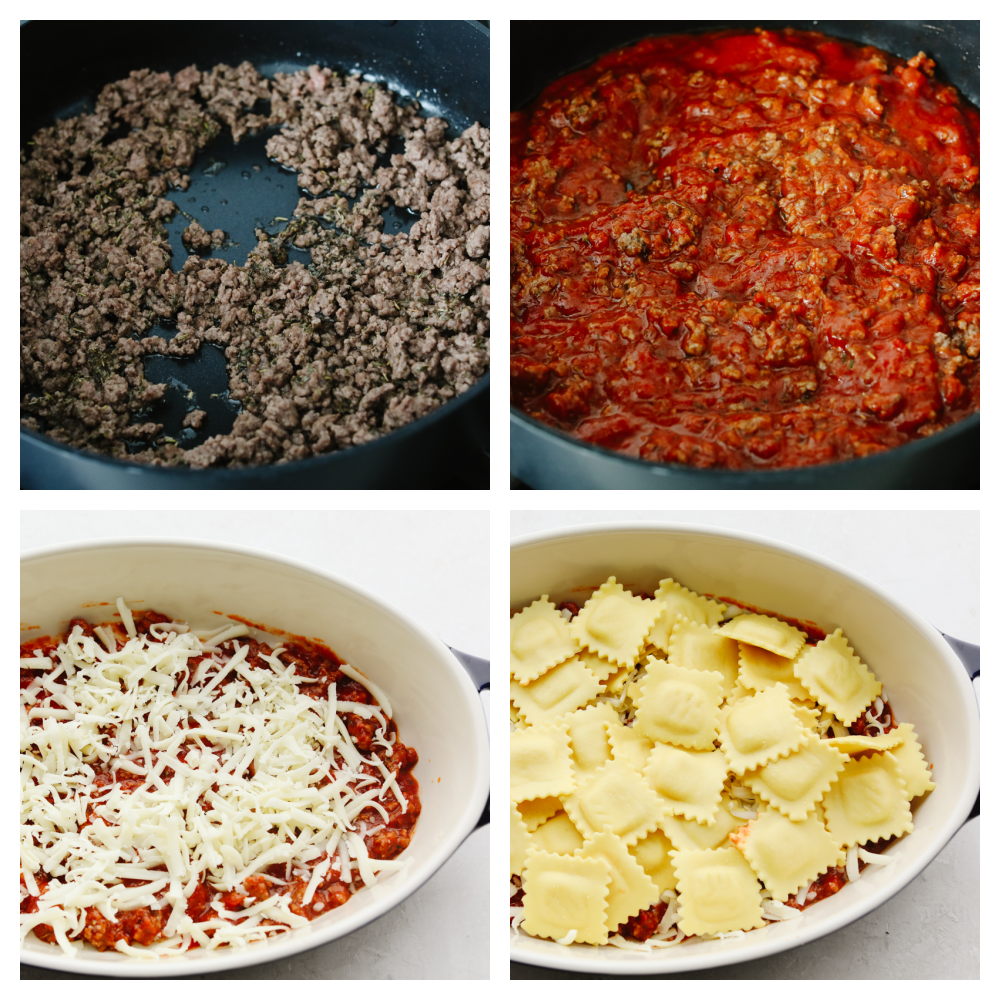 This baked ravioli is a knockout dinner that is sure to be loved by all! It's smothered in melty mozzarella, parmesan, and a tasty meat sauce! Photos cooking the ground beef, adding the sauce, then putting it in the dutch oven.