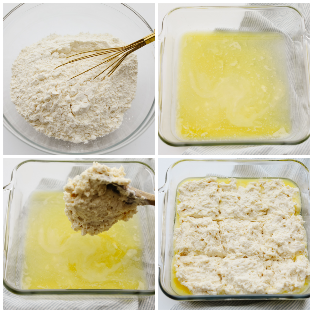These swim butter biscuits are soft and fluffy on the inside with a crisp outside edge. They are SOO GOOD and will go with just about anything! 4 pictures showing steps on how to make biscuit batter and how to place them in the butter in a pan.