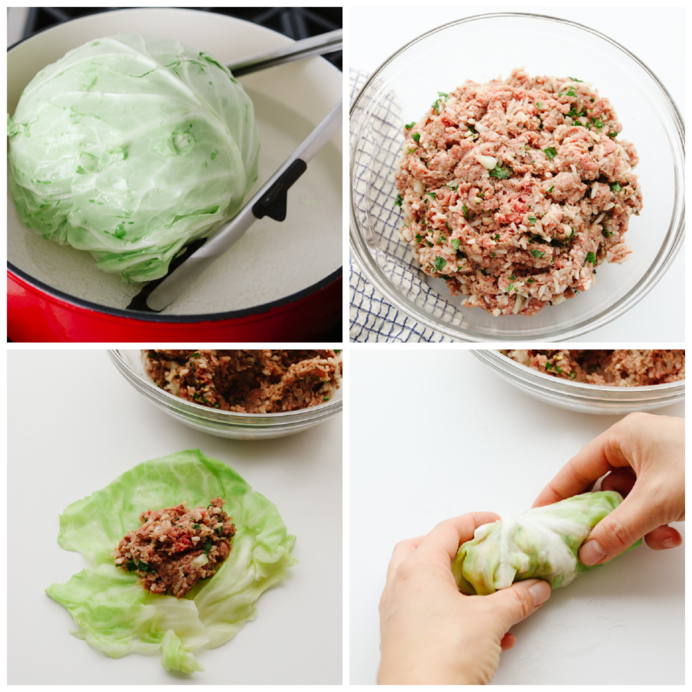 These stuffed cabbage rolls are SOO GOOD! These are packed with lean ground beef, onion, garlic, dill, and just a hint of nutmeg. The cabbage rolls are slow-cooked in marinara sauce until they're melt-in-your-mouth delicious! 4 pictures showing how to stuff and roll cabbage leaves.
