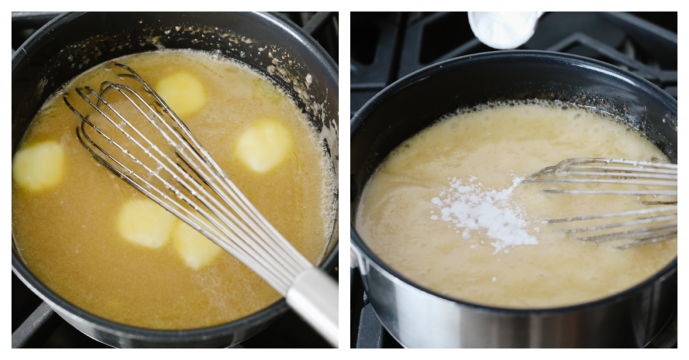 This homemade caramel syrup is the best that you will ever taste! Not only does it have the perfect texture but it is made for drizzling on any and all of your favorite breakfast foods! 2 pictures showing how to whisk together ingredients in a pot.