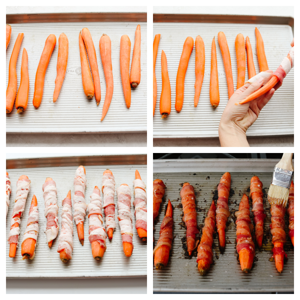 Wow, your guests this holiday season with these amazing bacon-wrapped, honey-glazed carrots! They're saucy and tender with the perfect mix of sweet and savory! Process shots of preparing carrots.