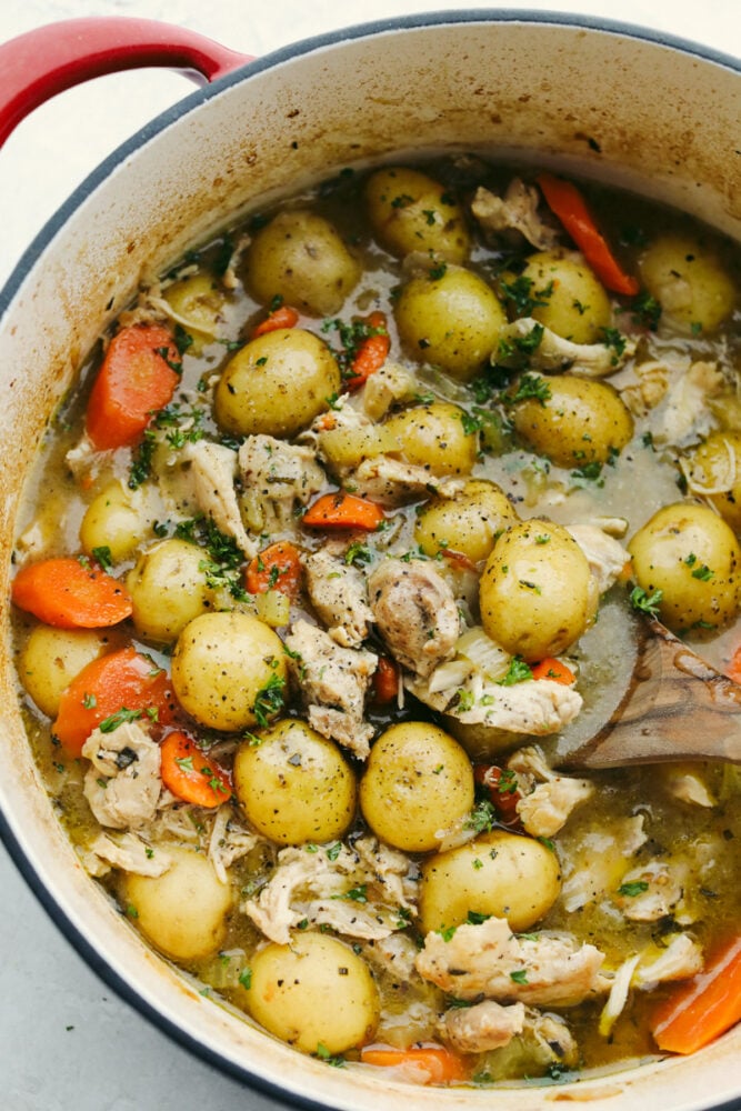 Chicken Stew is hearty, filling, and comforting! It is the perfect dish for Sunday dinner or a cold rainy day! This chicken stew is made with potatoes, carrots, onions, celery, and chicken cooked until fall-apart tender. Chicken stew in a pot with a wooden spoon.