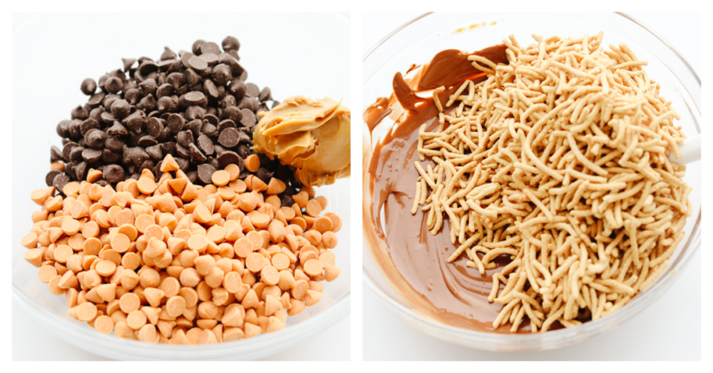 Haystack cookies are perfect for the holidays! They are festive, have the perfect crunch, and are so good that you won't be able to stop at just one! 2 pictures showing how to mix chocolate and butterscotch with chow mein noodles.
