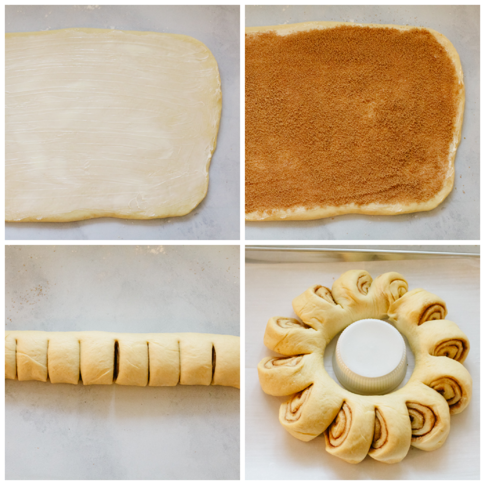 The holiday season doesn't get much more festive at the dinner table than with this cinnamon roll wreath! It's beautiful and delicious which makes it the perfect choice for your holiday breakfast, brunch, or dessert! 4 pictures showing how to flatten the dough, add the filling and roll it up and cut it.