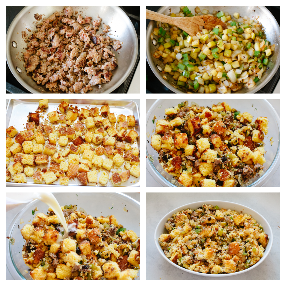 Cornbread stuffing is a delicious hearty dish that your family will go crazy over this Thanksgiving! It's loaded with fresh herbs, fruits, and veggies for the perfect sweet and savory side. Process shots of sauteing sausage and toasting cornbread pieces. Ingredients are then added to a casserole dish.
