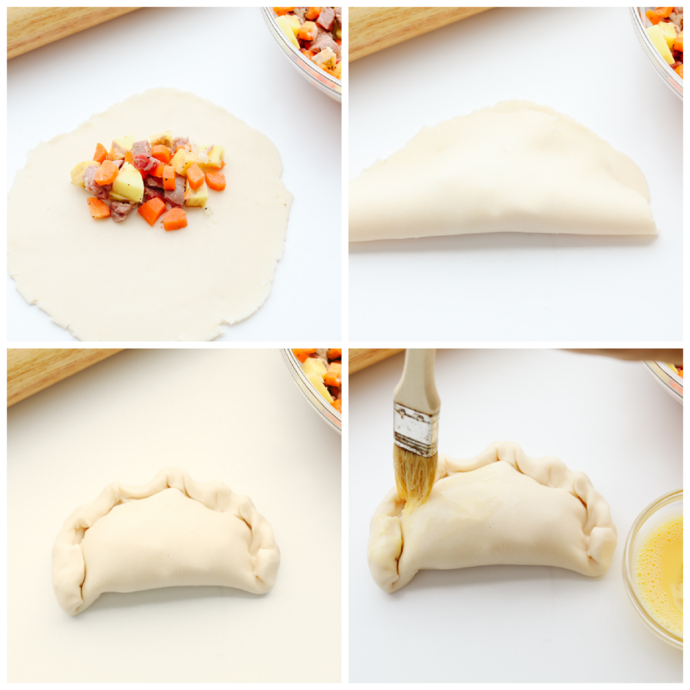 These traditional English cornish pasties are SOO GOOD! The outside is a flaky crust that's filled with delicious steak, potatoes and veggies! If you haven't tried this before then you are in for a real treat! 4 pictures showing how to roll the dough, fill it and then pinch it back up and put an egg wash on it.