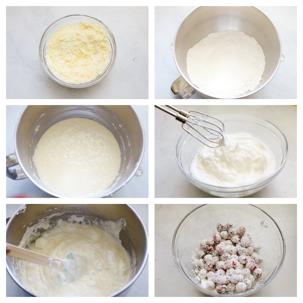 Cranberry Christmas cake is a show-stopping dessert you've got to try this holiday season! It's an amazing white cake filled with cranberries and topped with indulgent white chocolate buttercream! Process shots of preparing cake batter.