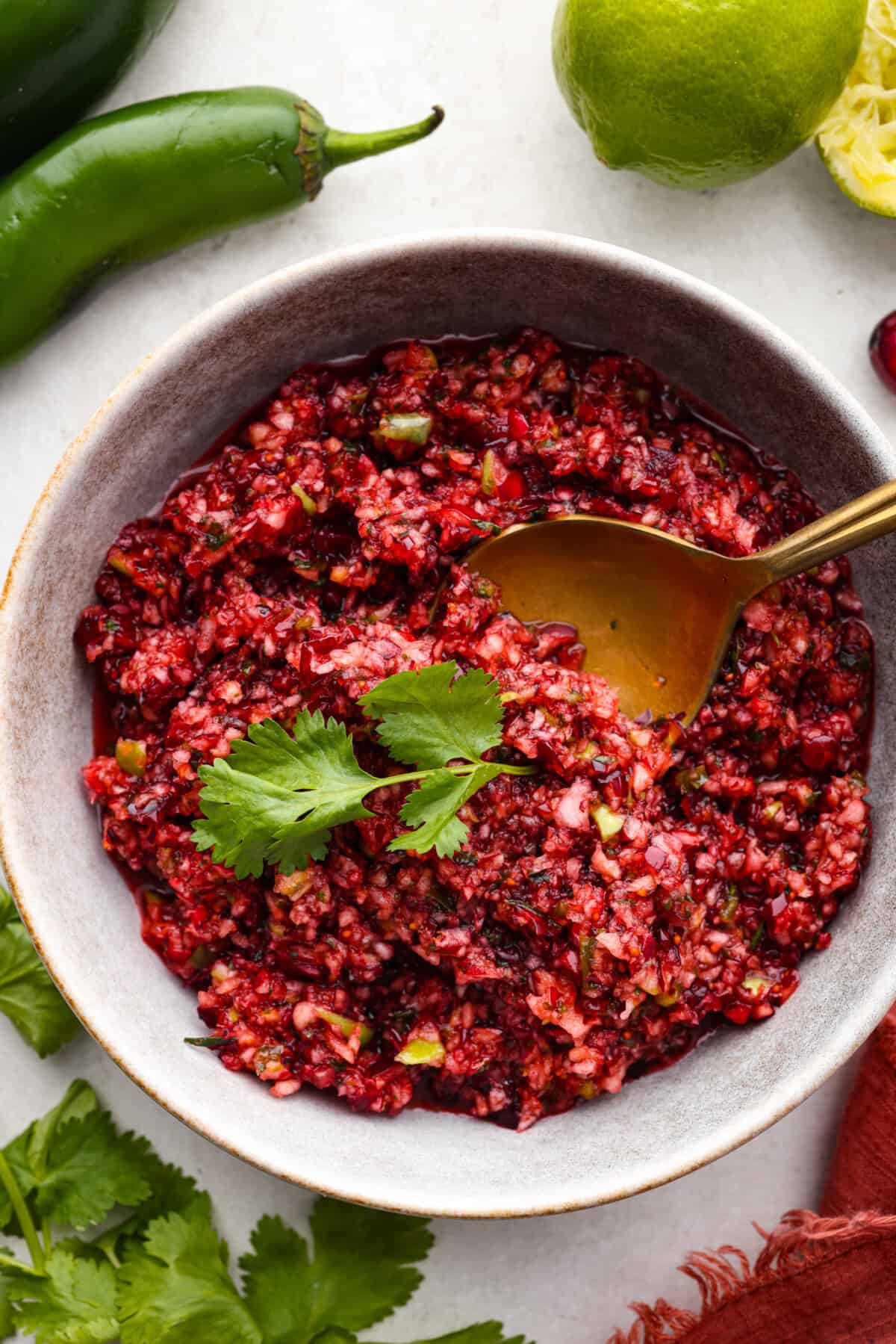 Cranberry salsaย is a fresh cranberry mixture of sweet and savory that is laid over cream cheese. It makes for the BEST holiday appetizer! You can also serve it in place of cranberry sauce with your Thanksgiving dinner. Overhead shot of cranberry salsa in a bowl with gold spoon.