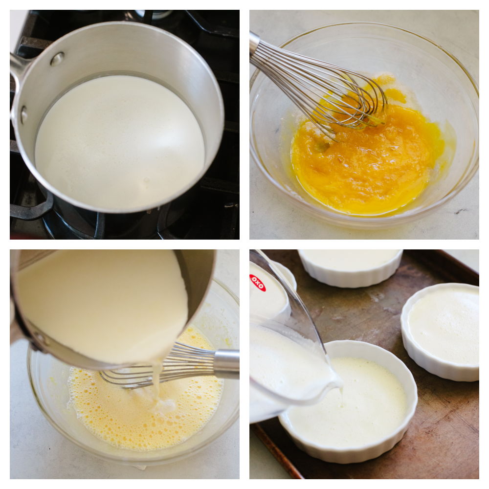 This creme brรปlรฉeย is a simple but elegant dessert that will impress all of your guests! You just can't beat a creamy custard topped with caramelized sugar and delicious fresh fruit! 4 pictures showing how to make a custard and pour it into a ramekin.
