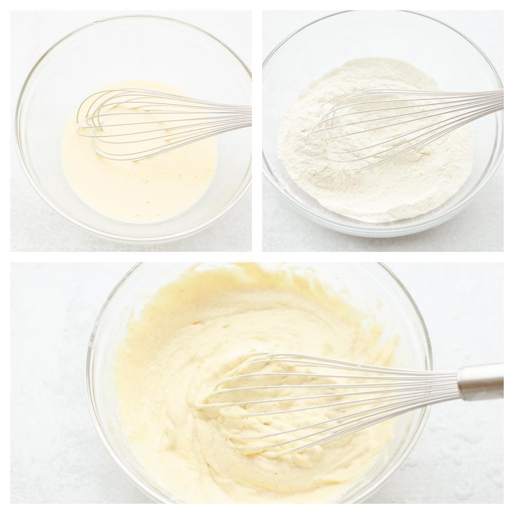 These eggnog pancakes are a MUST TRY this holiday season! They are soft and sweet and will melt right in your mouth. The hint of eggnog will have everyone coming back for more! 3 pictures showing how to whisk batter.