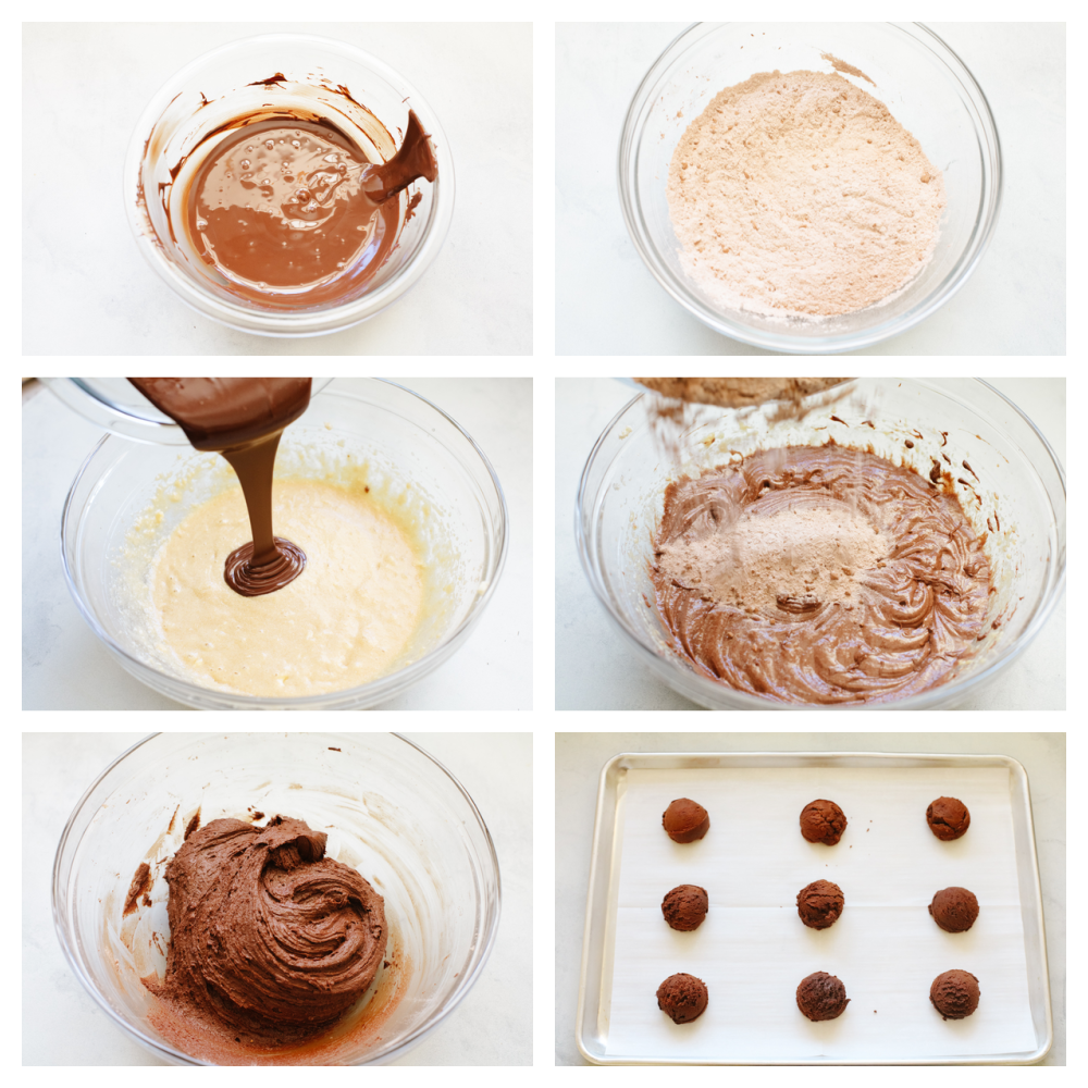 German chocolate cookies are classic and delicious! This chocolate cookie has a coconut and pecan topping that is drizzled with chocolate. It's perfect for any occasion! 4 pictures showing how to make chocolate cookie batter.