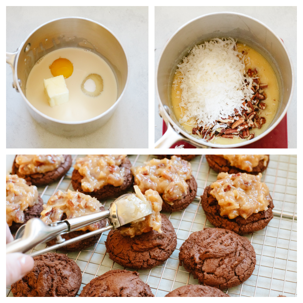 German chocolate cookies are classic and delicious! This chocolate cookie has a coconut and pecan topping that is drizzled with chocolate. It's perfect for any occasion! 3 pictures showing how to make German topping and put it on cookies.