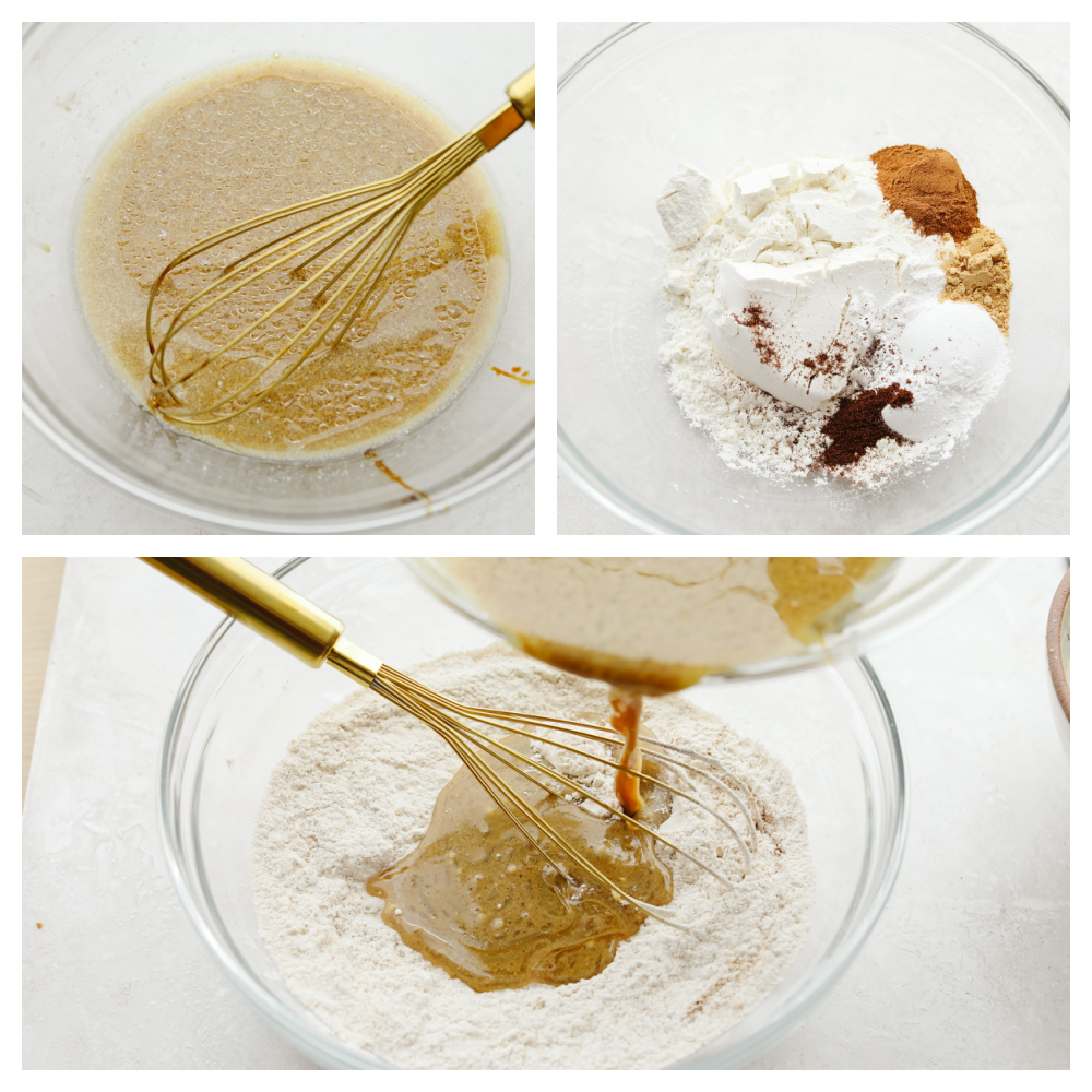 Add holiday spice to your breakfast with these amazing gingerbread pancakes! Soft, fluffy, and drizzled in a homemade caramel sauce, this is a treat you won't want to pass up! Mixing together gingerbread pancake batter.