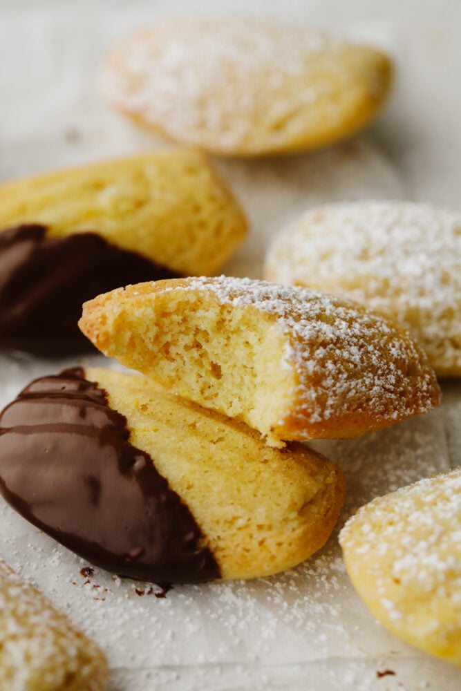 Madeleines are the perfect mix between a cookie and a cake! Their gorgeous shell-like shape topped with some chocolate and powdered sugar makes this a treat fit for a king! A madeleine with a bite taken out of it.
