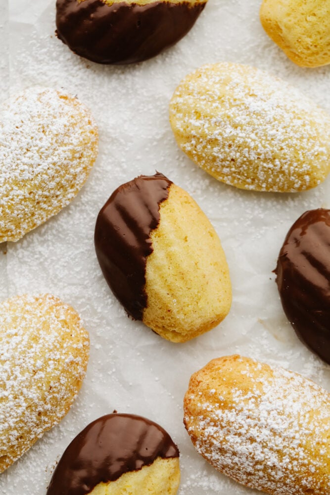Madeleines are the perfect mix between a cookie and a cake! Their gorgeous shell-like shape topped with some chocolate and powdered sugar makes this a treat fit for a king! Powdered sugar and chocolate dipped madeleines.